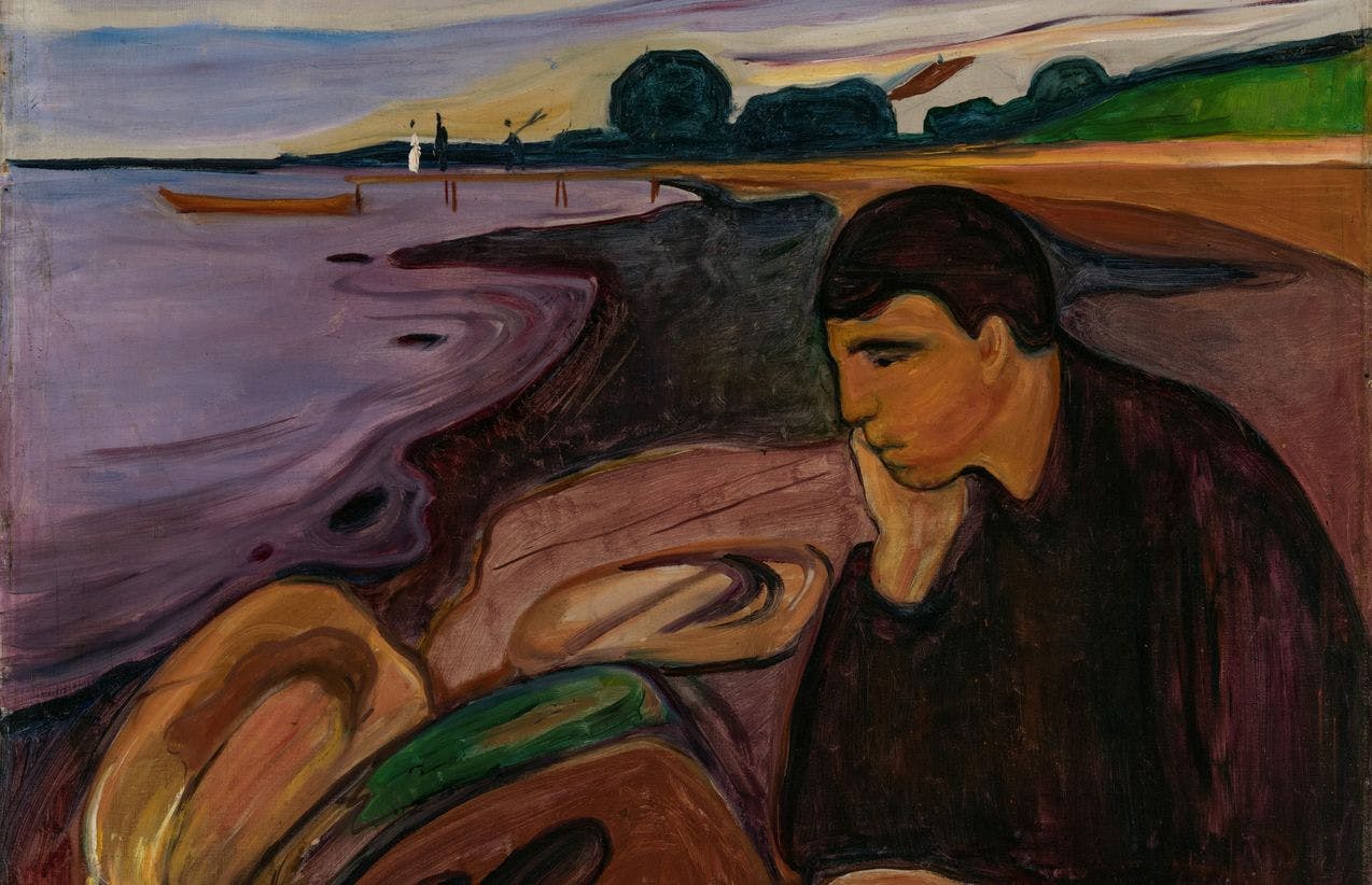 Et maleri av Edvard Munch, som viser en mann sittende på en strand, mens han hviler hodet i den ene hånden