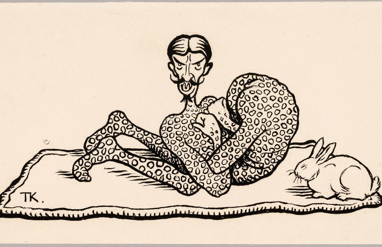 Satirisk tustegning av Kittelsen som viser en mann som ligger i en umulig stilling.